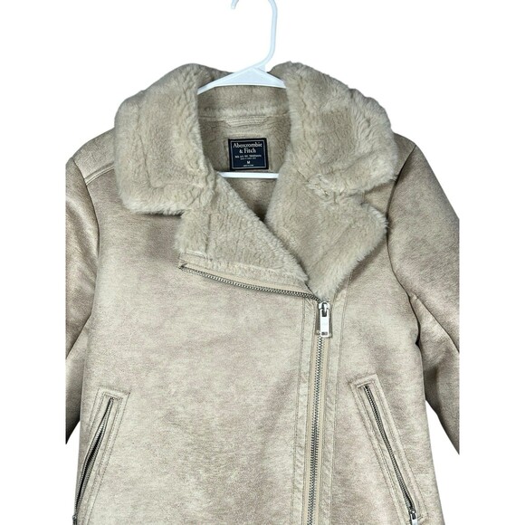Abercrombie & Fitch Women’s Faux Suede Shearling Moto Biker Jacket Size M Tan - Picture 2 of 14